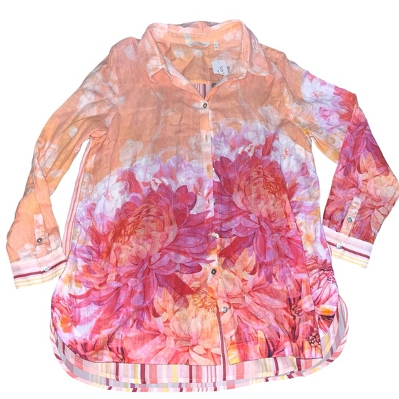 Soft Surroundings Altura Gauze Floral Button Up Shirt Tunic Striped Blouse - Picture 2 of 5